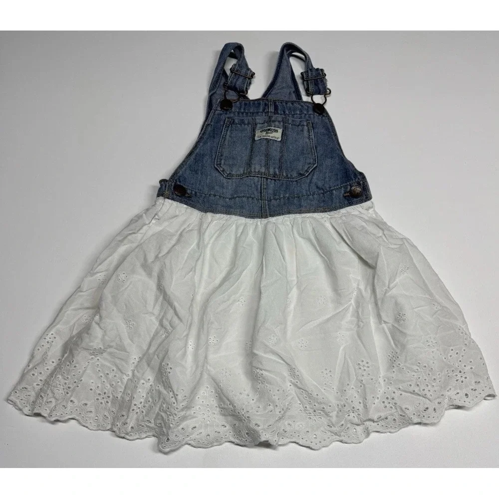 Osh Kosh B'Gosh‎ Size 5T Jumper Overall Dress Girls Denim White Eyelet Oshkosh